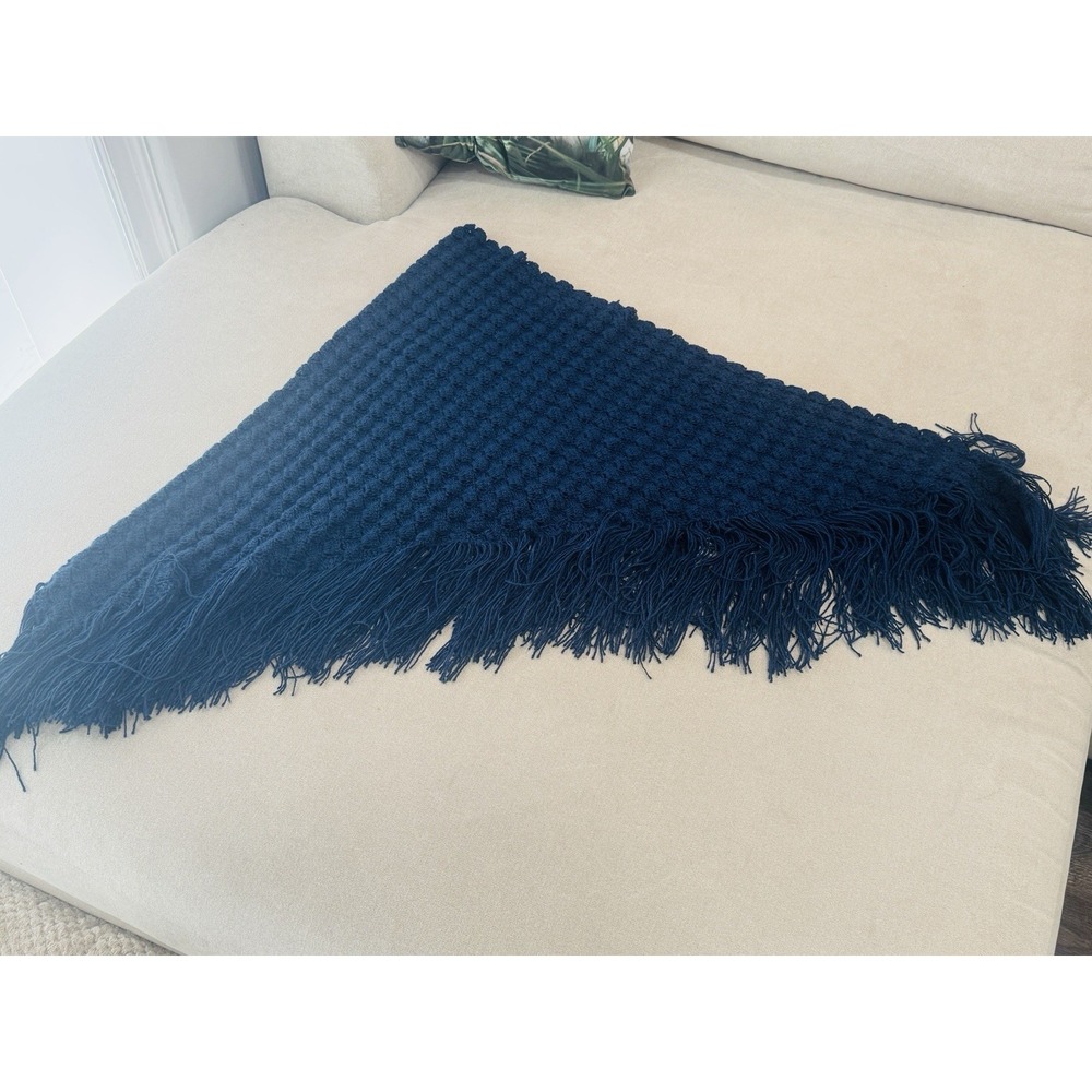 Handmade Navy Blue Crochet Triangle Shawl Wrap Fringe Boho One of a Kind